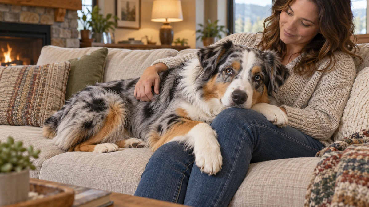 Avustralya Çoban Köpeği köpek — sahibinin kucağında