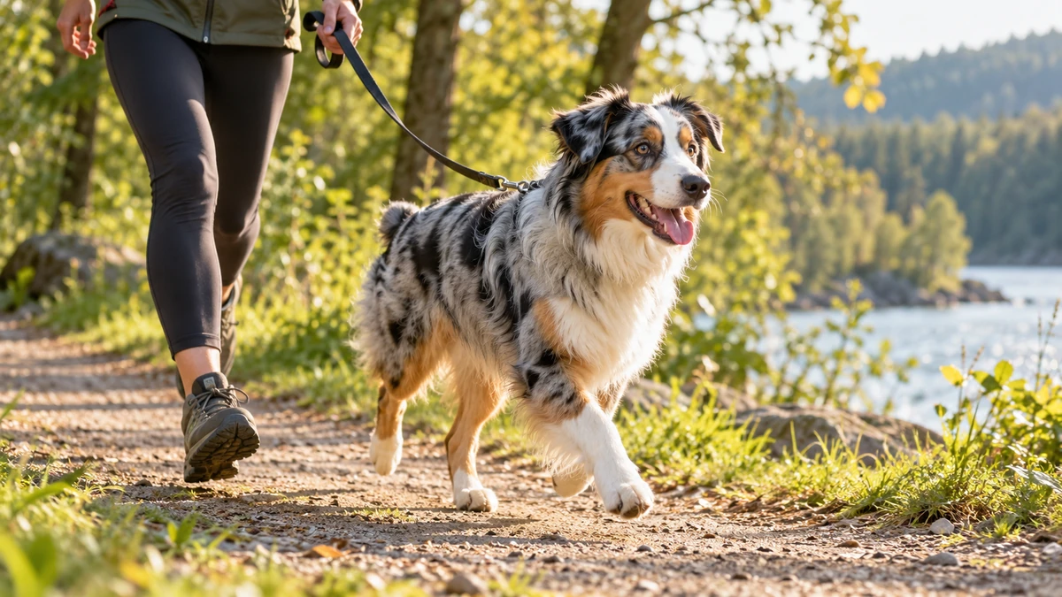 Avustralya Çoban Köpeği köpek — parkta yürüyüş ve egzersiz